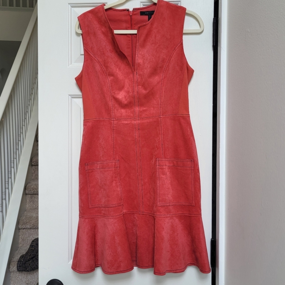 BCBG Coral Rust Spring Suede Flutter Hem Short Dress